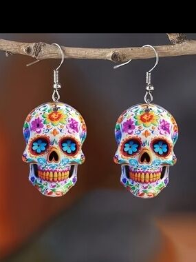 Colorful Sugar Skull Drop Earrings - Floral Multicolor Women Jewelry